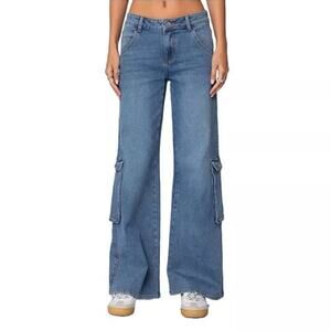 Edikted Blue Flare Wide Leg Jeans Cargo Pants Size Small